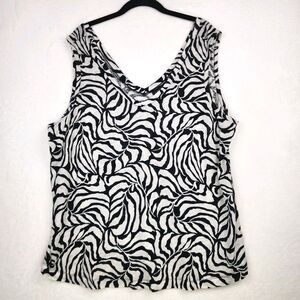Tahari Linen Blend Sleeveless Tank Top 2X Black Beige Geo Print Career Bold Deco